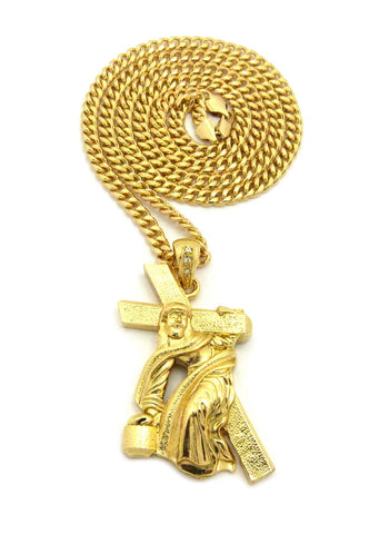 nyfashion101 Rugged Cross Jesus Falling on His Way to Calvary Pendant w/6mm 36" Cuban Chain Necklace