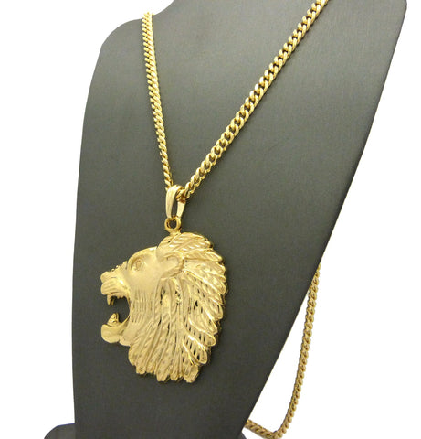 Nyfashion101 Side-Face Roaring Lion Leo Zodiac Pendant W/ 4mm 30" Cuban Chain Necklace In Gold-Tone