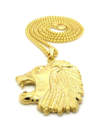 Nyfashion101 Side-Face Roaring Lion Leo Zodiac Pendant W/ 4mm 30" Cuban Chain Necklace In Gold-Tone