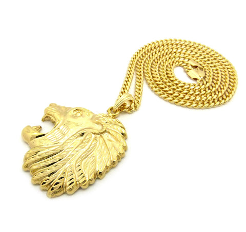 Nyfashion101 Side-Face Roaring Lion Leo Zodiac Pendant W/ 4mm 30" Cuban Chain Necklace In Gold-Tone