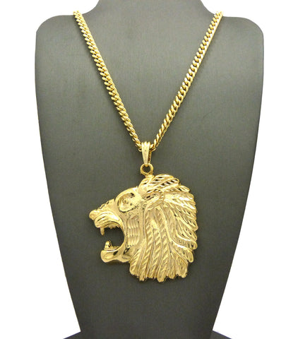 nyfashion101 Side-Face Roaring Lion Leo Zodiac Pendant w/ 4mm 30" Cuban Chain Necklace in Gold-Tone