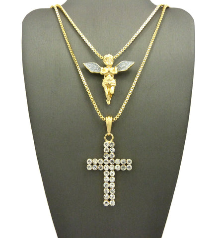 Nyfashion101 Silver-Tone Dusted Pray Angel & 2 Row Stone Cross Pendant Set W/ 24" & 30" Box Chains In Gold-Tone