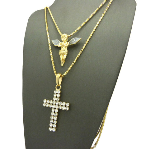 Nyfashion101 Silver-Tone Dusted Pray Angel & 2 Row Stone Cross Pendant Set W/ 24" & 30" Box Chains In Gold-Tone