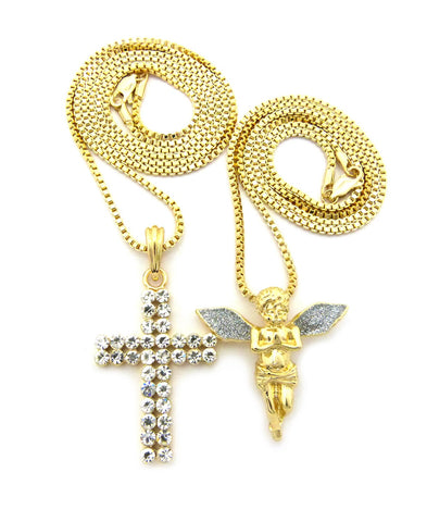 nyfashion101 Silver-Tone Dusted Pray Angel & 2 Row Stone Cross Pendant Set w/ 24" & 30" Box Chains in Gold-Tone