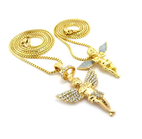 Nyfashion101 Silver-Tone Dusted Wing Praying Angel & Stone Stud Halo Angel Pendant Set W/ 24" & 30" Box Chains In Gold-Tone