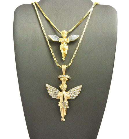 Nyfashion101 Silver-Tone Dusted Wing Praying Angel & Stone Stud Halo Angel Pendant Set W/ 24" & 30" Box Chains In Gold-Tone