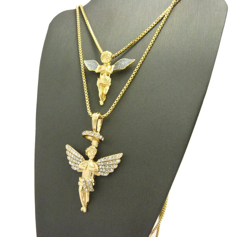 Nyfashion101 Silver-Tone Dusted Wing Praying Angel & Stone Stud Halo Angel Pendant Set W/ 24" & 30" Box Chains In Gold-Tone