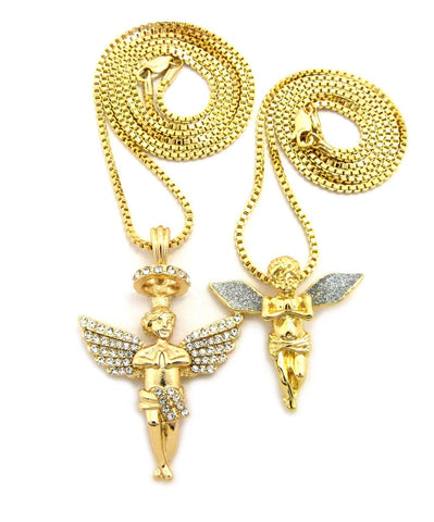 nyfashion101 Silver-Tone Dusted Wing Praying Angel & Stone Stud Halo Angel Pendant Set w/ 24" & 30" Box Chains in Gold-Tone