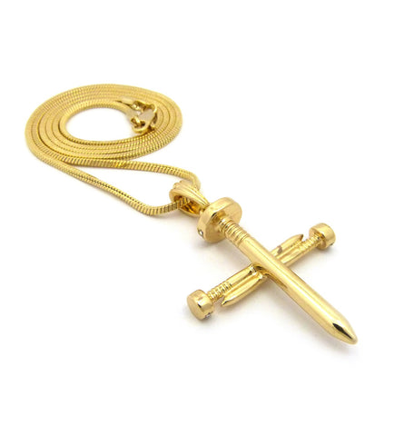 Nyfashion101 Simple Studded Reversible 3 Cross Nail Pendant W/ 2mm 24" Snake Chain Necklace In Gold-Tone