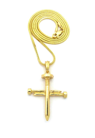 Nyfashion101 Simple Studded Reversible 3 Cross Nail Pendant W/ 2mm 24" Snake Chain Necklace In Gold-Tone