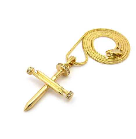 Nyfashion101 Simple Studded Reversible 3 Cross Nail Pendant W/ 2mm 24" Snake Chain Necklace In Gold-Tone
