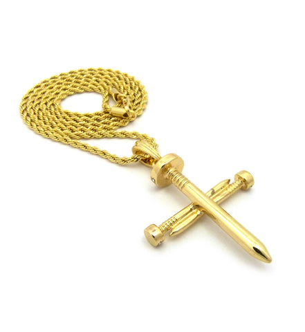 Nyfashion101 Simple Studded Reversible 3 Cross Nail Pendant W/ 2mm 24" Rope Chain Necklace In Gold-Tone