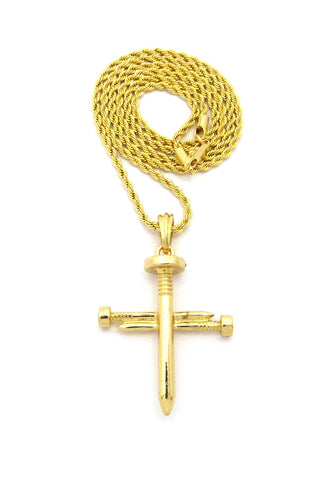 Nyfashion101 Simple Studded Reversible 3 Cross Nail Pendant W/ 2mm 24" Rope Chain Necklace In Gold-Tone