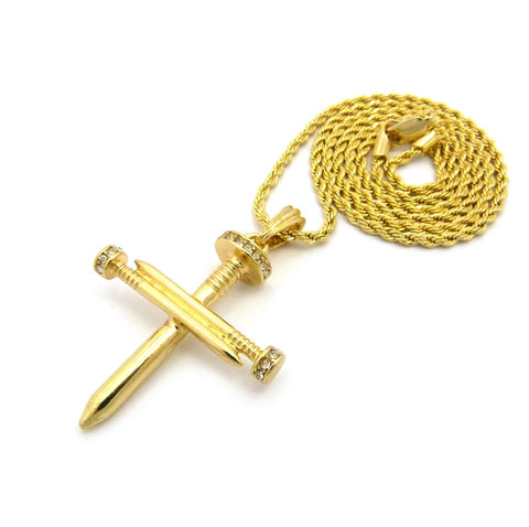 Nyfashion101 Simple Studded Reversible 3 Cross Nail Pendant W/ 2mm 24" Rope Chain Necklace In Gold-Tone