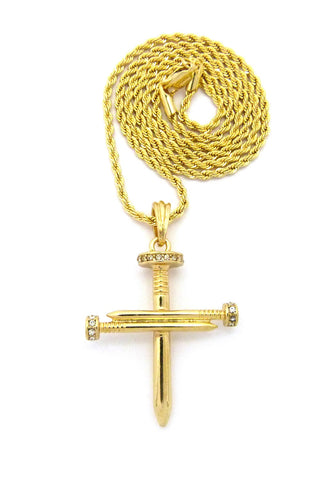 nyfashion101 Simple Studded Reversible 3 Cross Nail Pendant w/ 2mm 24" Rope Chain Necklace in Gold-Tone