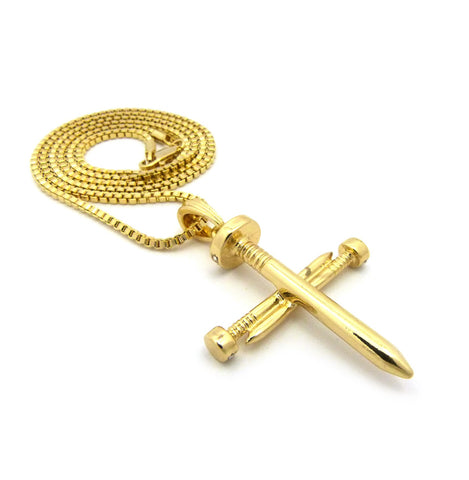 Nyfashion101 Simple Studded Reversible 3 Cross Nail Pendant W/ 2mm 24" Box Chain Necklace In Gold-Tone
