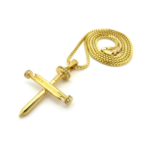 Nyfashion101 Simple Studded Reversible 3 Cross Nail Pendant W/ 2mm 24" Box Chain Necklace In Gold-Tone