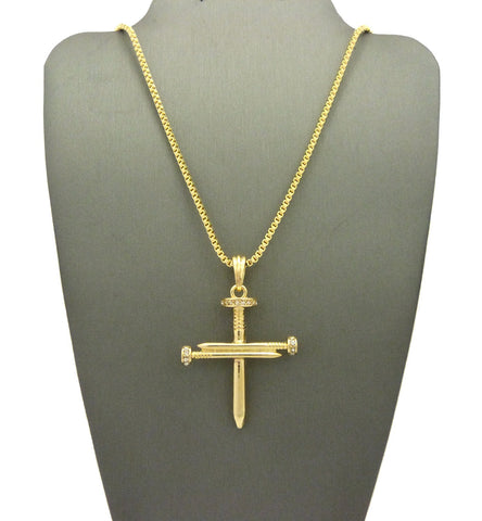 Nyfashion101 Simple Studded Reversible 3 Cross Nail Pendant W/ 2mm 24" Box Chain Necklace In Gold-Tone