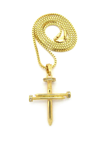 nyfashion101 Simple Studded Reversible 3 Cross Nail Pendant w/ 2mm 24" Box Chain Necklace in Gold-Tone