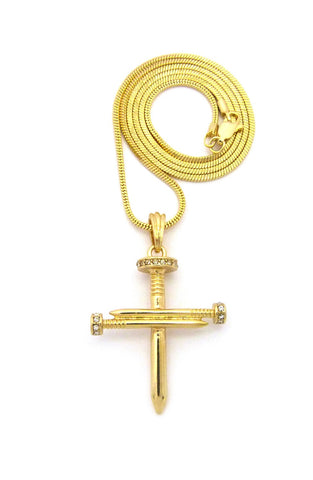 nyfashion101 Simple Studded Reversible 3 Cross Nail Pendant w/ 2mm 24" Snake Chain Necklace in Gold-Tone