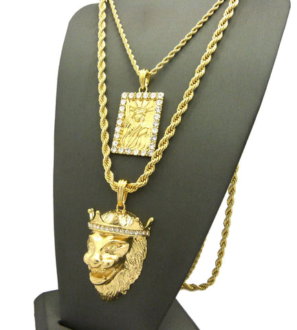 Nyfashion101 Statue Of Liberty And King Lion Pendant Set W/ Rope Chain Necklaces In Gold-Tone