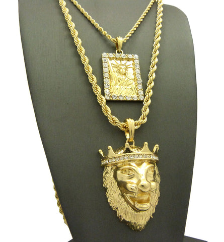 Nyfashion101 Statue Of Liberty And King Lion Pendant Set W/ Rope Chain Necklaces In Gold-Tone