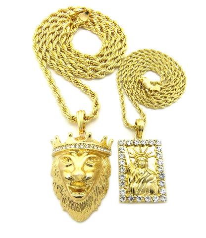 Nyfashion101 Statue Of Liberty And King Lion Pendant Set W/ Rope Chain Necklaces In Gold-Tone