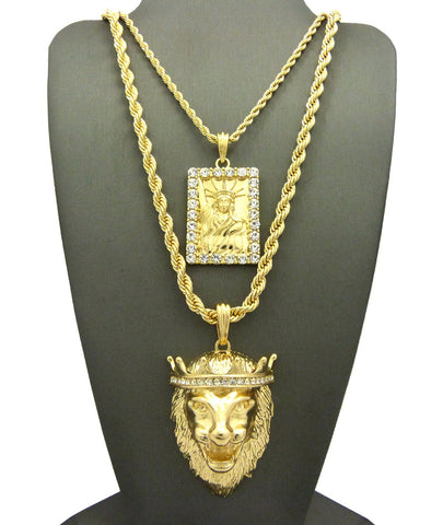 nyfashion101 Statue of Liberty and King Lion Pendant Set w/ Rope Chain Necklaces in Gold-Tone