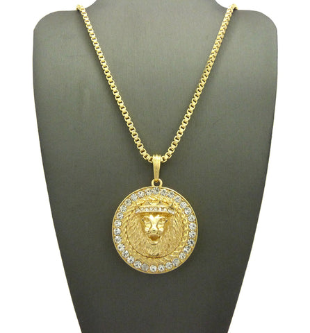 nyfashion101 Stone Edge King Lion Medal Pendant w/ Chain Necklace