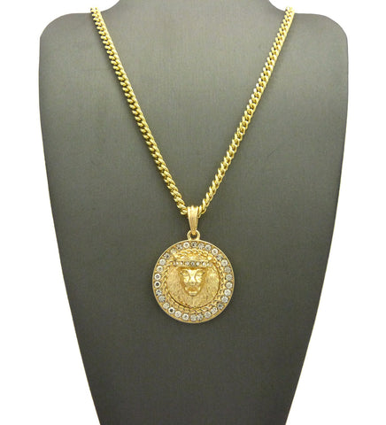 Nyfashion101 Stone Edge King Lion Medallion Pendant W/ Chain Necklace