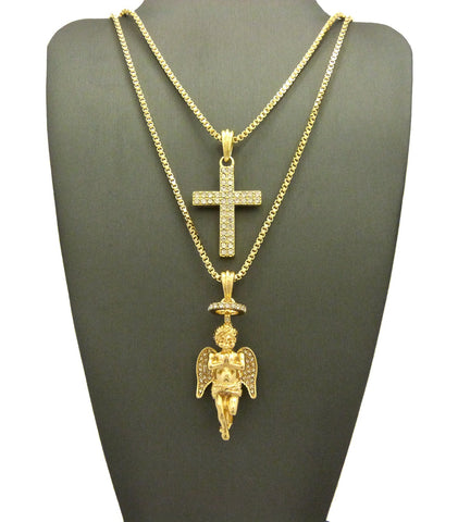 Nyfashion101 Stone Stud 2 Row Cross & Praying Halo Angel Pendant Set W/ 2mm 24" & 30" Box Chains In Gold-Tone
