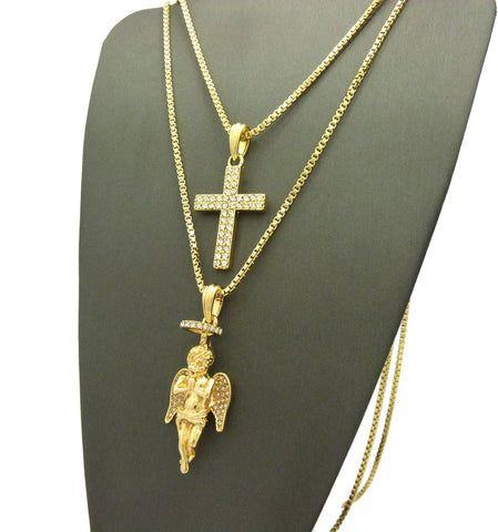 Nyfashion101 Stone Stud 2 Row Cross & Praying Halo Angel Pendant Set W/ 2mm 24" & 30" Box Chains In Gold-Tone