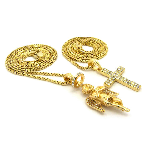 Nyfashion101 Stone Stud 2 Row Cross & Praying Halo Angel Pendant Set W/ 2mm 24" & 30" Box Chains In Gold-Tone