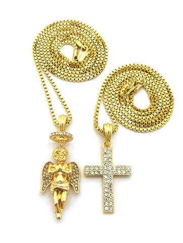 nyfashion101 Stone Stud 2 Row Cross & Praying Halo Angel Pendant Set w/ 2mm 24" & 30" Box Chains in Gold-Tone