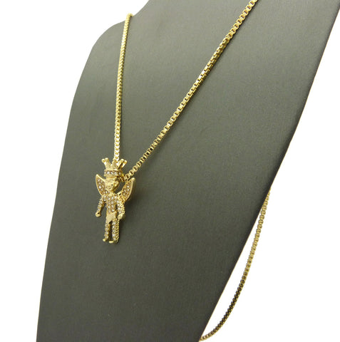 Nyfashion101 Stone Stud All Over Crowned Winged Angel Pendant W/ Chain Necklace