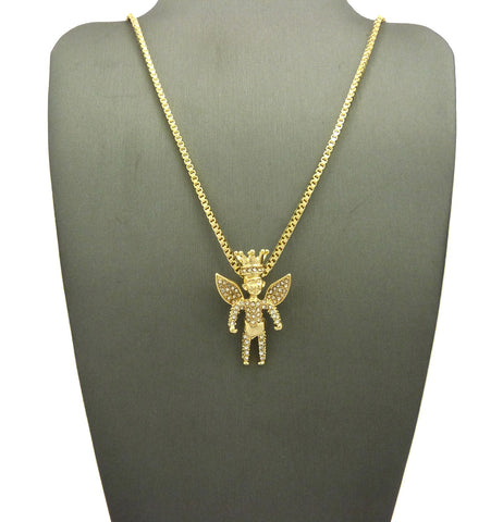 nyfashion101 Stone Stud All Over Crowned Winged Angel Pendant w/ Chain Necklace