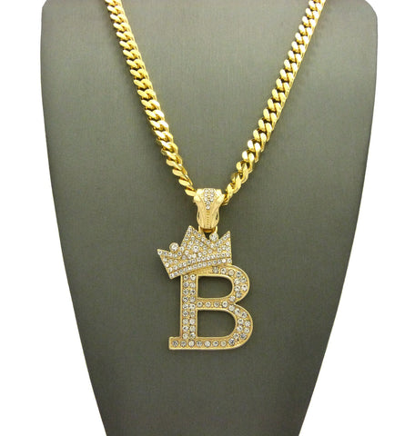 Nyfashion101 Stone Stud Allover Tilted Crown Initial B Pendant W/6mm 24" Box Cuban Chain Gold-Tone