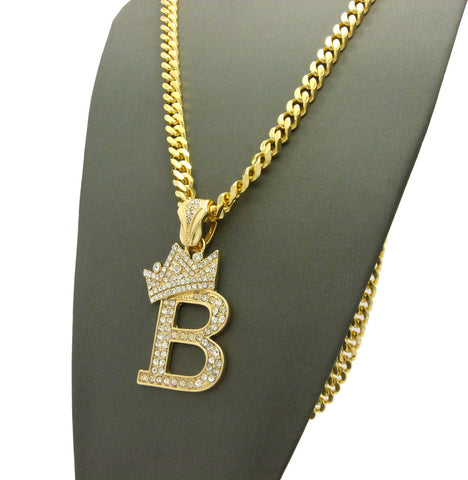 Nyfashion101 Stone Stud Allover Tilted Crown Initial B Pendant W/6mm 24" Box Cuban Chain Gold-Tone