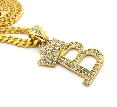 Nyfashion101 Stone Stud Allover Tilted Crown Initial B Pendant W/6mm 24" Box Cuban Chain Gold-Tone