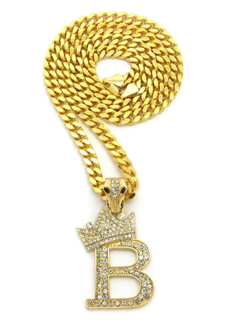 nyfashion101 Stone Stud Allover Tilted Crown Initial B Pendant w/6mm 24" Box Cuban Chain Gold-Tone