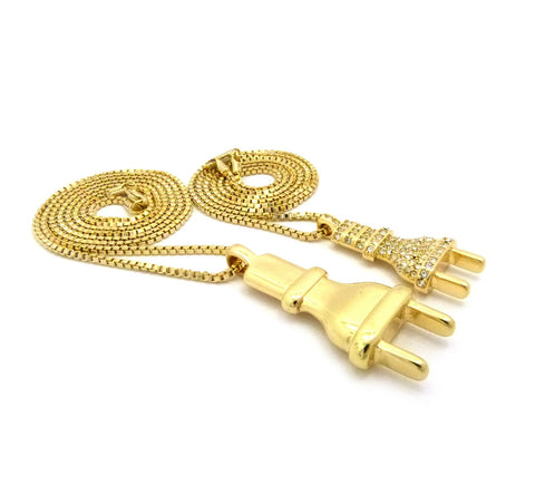 Nyfashion101 Stone Stud And Polished Power Plug Pendant Box Chain Necklace Set In Gold-Tone