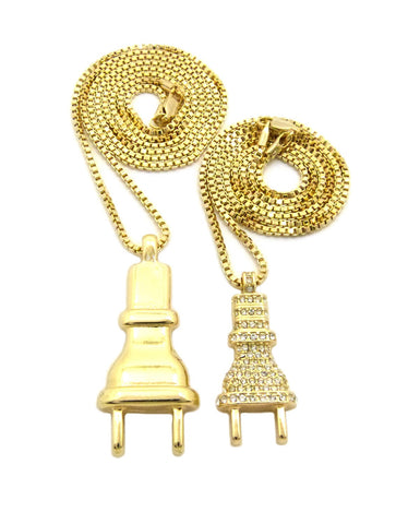Nyfashion101 Stone Stud And Polished Power Plug Pendant Box Chain Necklace Set In Gold-Tone