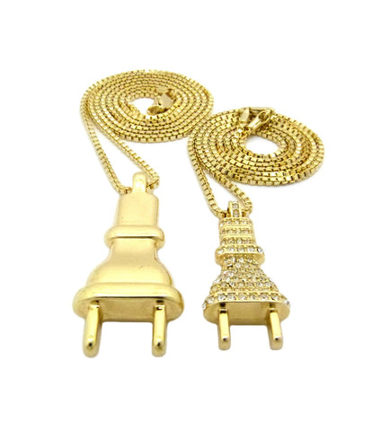 Nyfashion101 Stone Stud And Polished Power Plug Pendant Box Chain Necklace Set In Gold-Tone