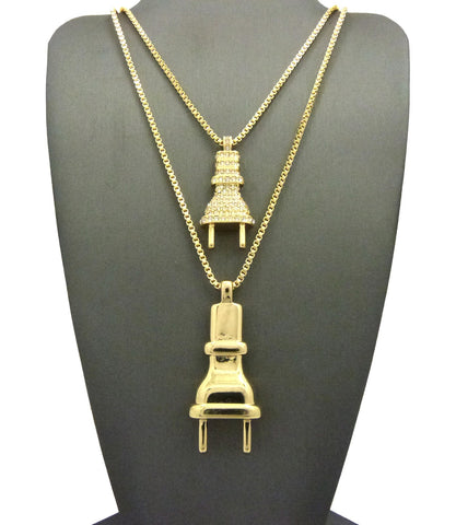 nyfashion101 Stone Stud and Polished Power Plug Pendant Box Chain Necklace Set in Gold-Tone