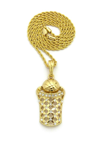 nyfashion101 Stone Stud Basketball Net Pendant Gold-Tone