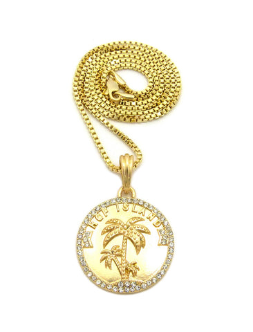 Nyfashion101 Stone Stud Bordered RGF Island Medal Pendant W/ Chain Necklace
