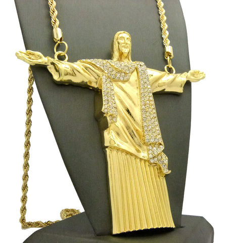 Nyfashion101 Stone Stud Christ The Redeemeer Figure W/ 5mm 36" Rope Chain Necklace In Gold-Tone
