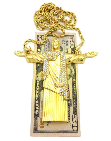 Nyfashion101 Stone Stud Christ The Redeemeer Figure W/ 5mm 36" Rope Chain Necklace In Gold-Tone