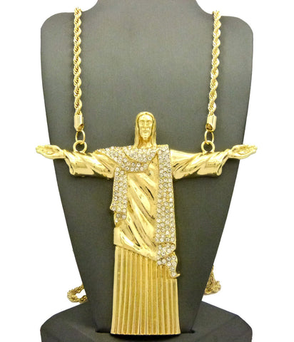 nyfashion101 Stone Stud Christ the Redeemeer Figure w/ 5mm 36" Rope Chain Necklace in Gold-Tone