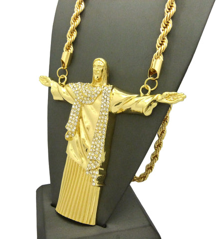 Nyfashion101 Stone Stud Christ The Redeemer Figure W/ 8mm 30" Rope Chain Necklace In Gold-Tone